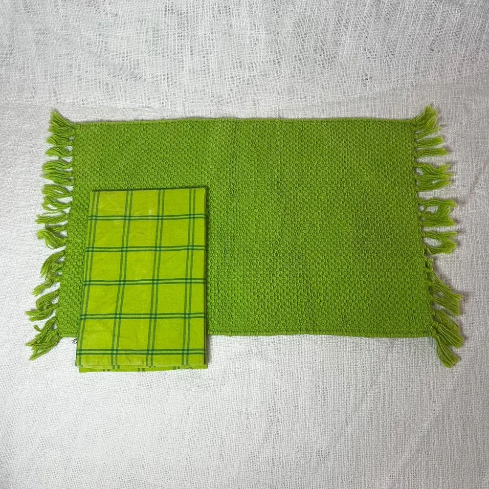 Vintage Pier 1 Imports Placemat Napkin Set Green Fringe Plaid Cotton‎ Farmhouse